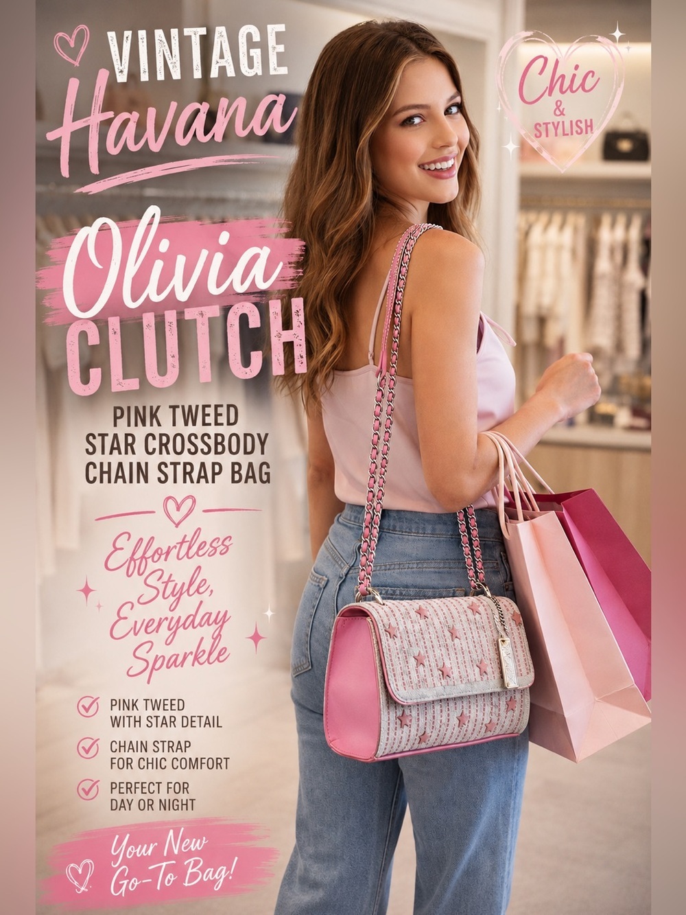 Vintage Havana Olivia Clutch Pink Tweed Star Crossbody Chain Strap Bag Chic wbag